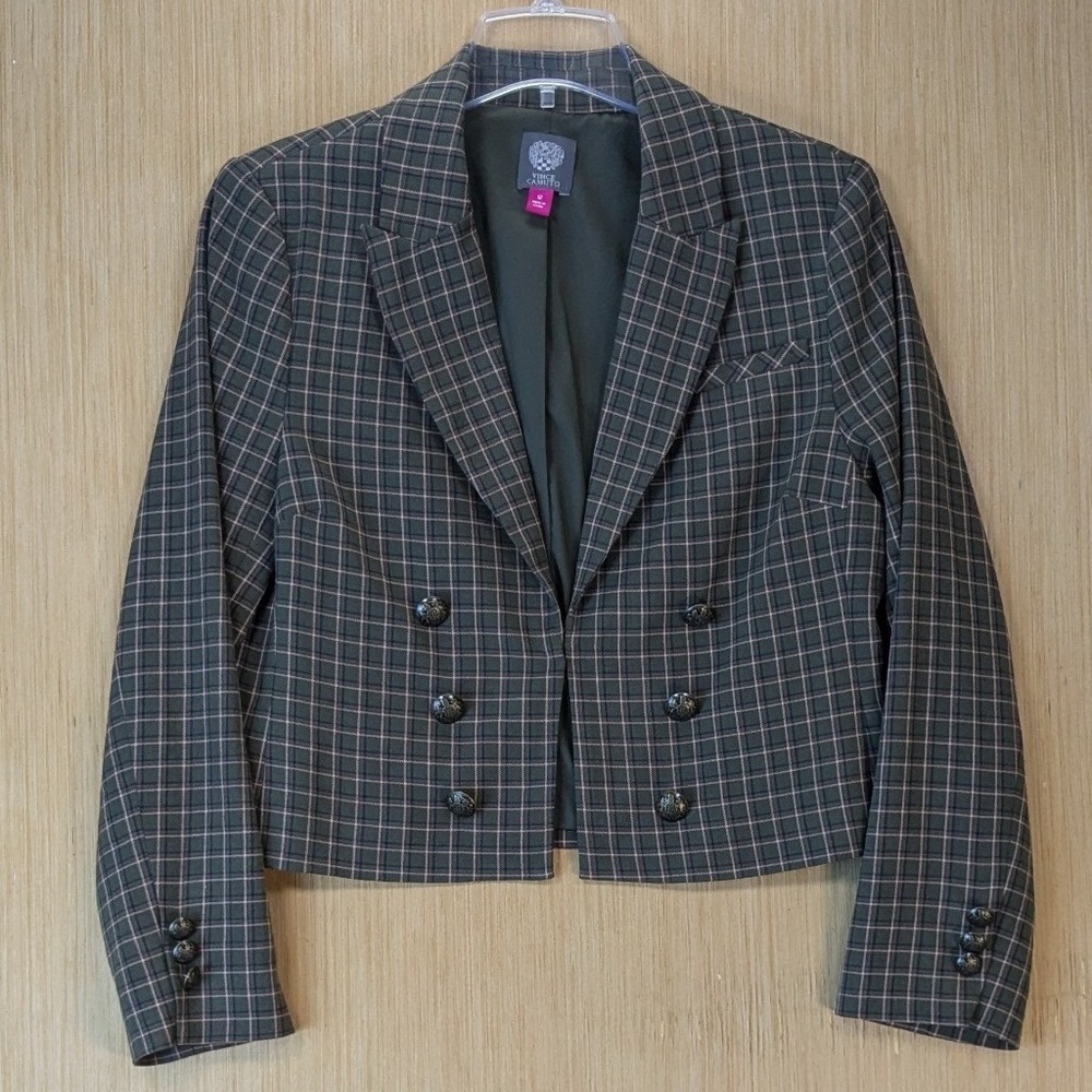 Vince Camuto Womens Olive Green Plaid Preppy Dark Academia Cropped Blazer 12